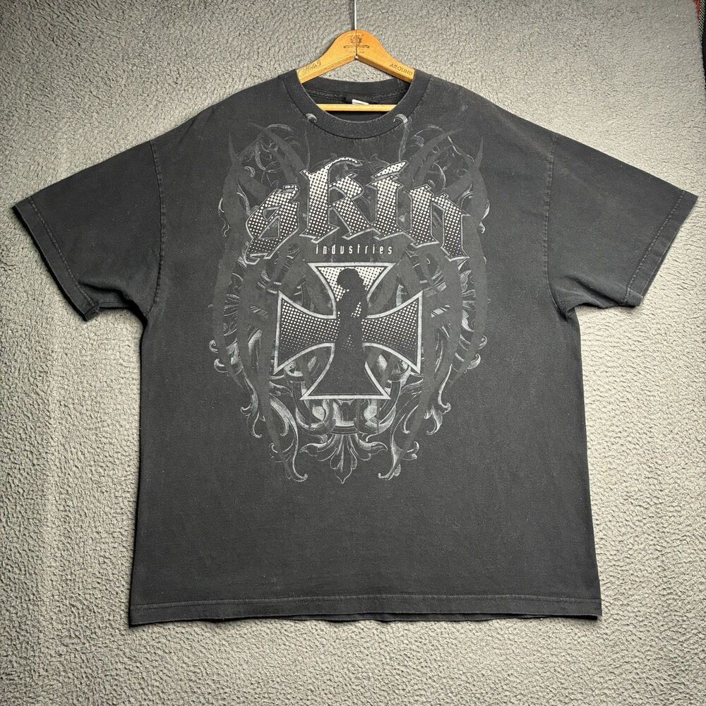 Vintage Skin Industries Shirt Mens 2XL Black Faded Iron Cross Grunge Y2K Skater